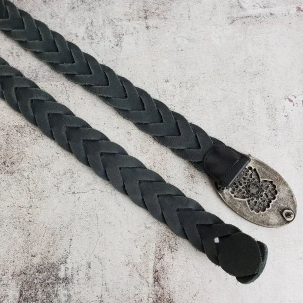 Vintage Bohemian Braided Leather Belt Enameled Metalwork Mandala Buckle